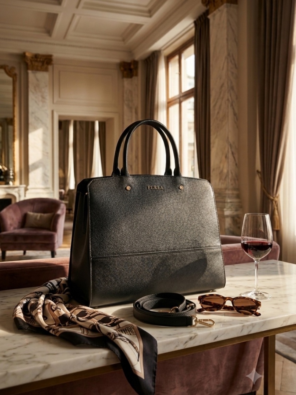 NEW FURLA Rachel Classic Black Saffiano/Pebbled Leather Satchel/Crossbody Bag
